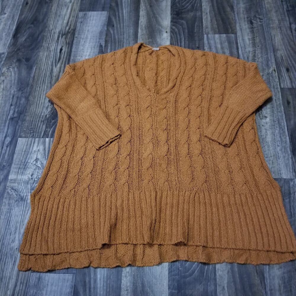 Free People Women's Small Knitted Orange 3/4 Sleeve Pullover Deep V-Neck Sweater